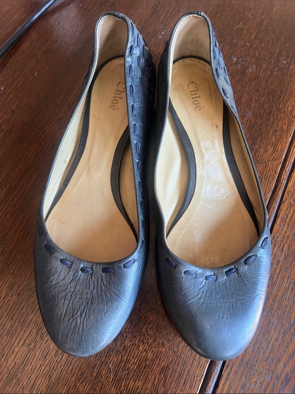 Chloe Navy Leather Ballet Flats with Stitch Detail